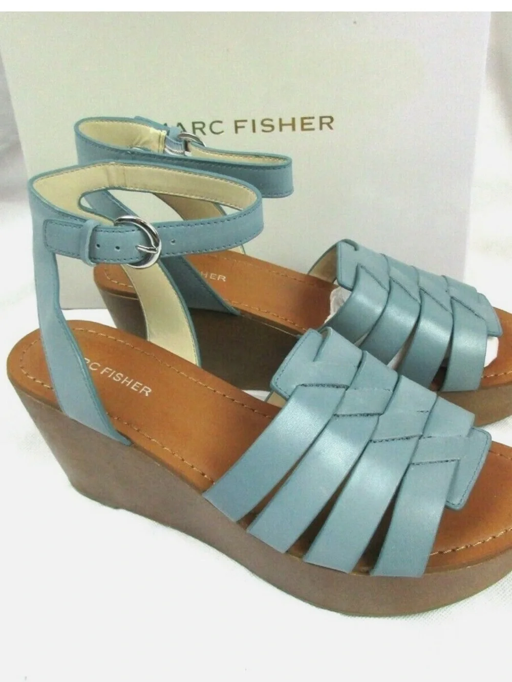 Marc Fisher Woven Leather Wedges with Ankle Strap Pastya Storm Blue